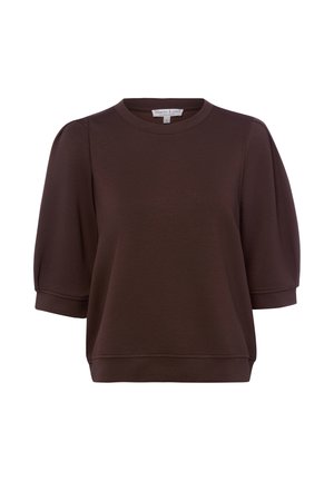 Ciemnobrązowa krótka bluza z krótkim rękawem z bufkami, okrągłym dekoltem i dopasowanymi mankietami, oznaczona marką Marie Lund, rozmiar mały.