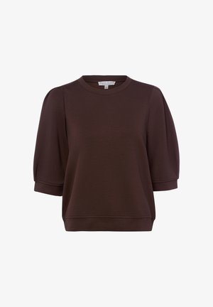 Sweat-shirt marron foncé à manches courtes bouffantes, col rond et poignets ajustés, étiqueté Marie Lund, taille small.
