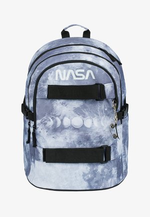 Backpack featuring a moon-patterned design in shades of gray with black accents. Large "NASA" logo on the front; adjustable straps.