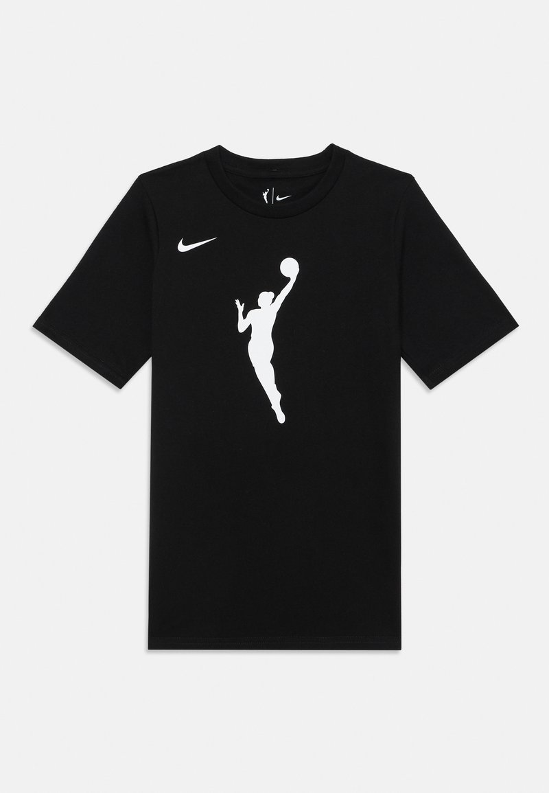 Black cotton t-shirt featuring a large white silhouette of a player with a basketball, and a small white Nike logo on the left shoulder.