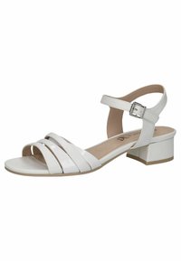Beli sandali z dajalnimi sijajnimi trakovi preko prstov, trak na gležnju z zaponko in blok peta za stabilnost. Eleganten dizajn.