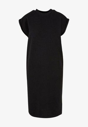 Črna obleka do kolen iz mešanice mehke bombažne tkanine, z okroglim izrezom in kratkimi zvitimi rokavi. Preprost, raven kroj brez okrasnih elementov.