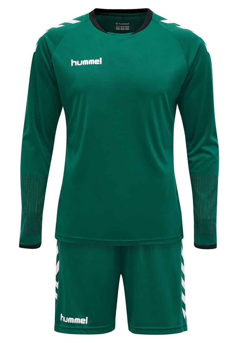 Grøn sportsuniform med langærmet top med sorte accenter og mesh-detaljer, sammen med matchende shorts og hvidt logo.