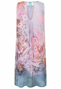 Ärmelloses pastellrosafarbenes Kleid mit Blumen- und Vogelmustern, Schlüsselloch-Rücken mit blauem Binderverschluss und einem leicht gewellten Saum.