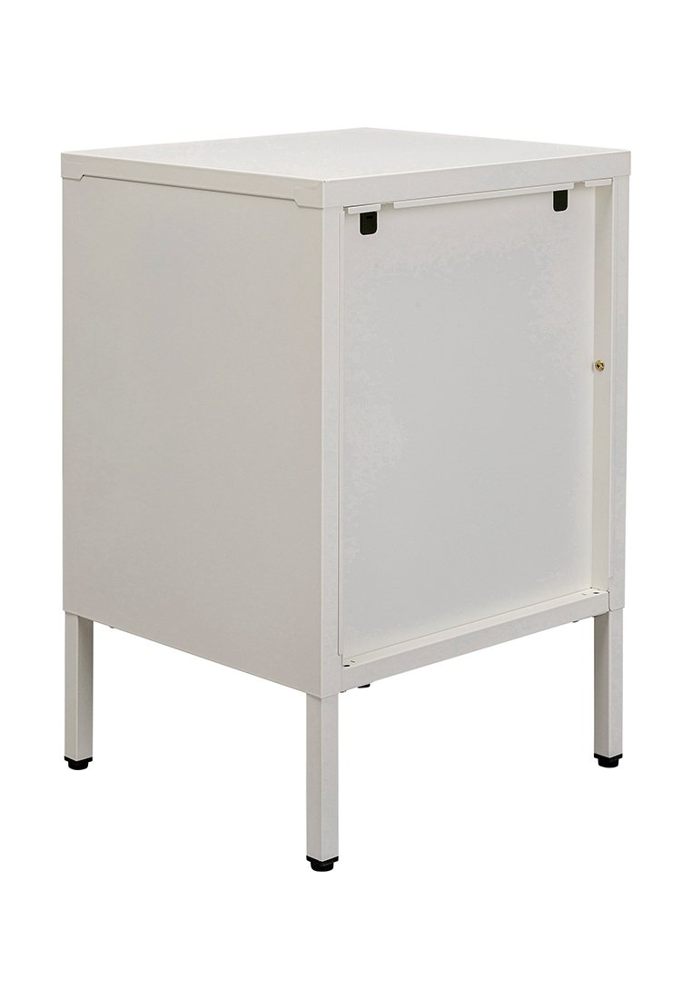 Weißer Schrank mit einer glatten Oberfläche, ausgestattet mit einer Tür und Metallbeinen. Einfaches Design ohne sichtbare Beschläge.