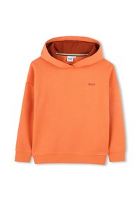 Sweat à capuche orange, fabriqué en tissu doux. Présente un petit logo ton sur ton à l'avant, des poignets côtelés et une coupe décontractée.