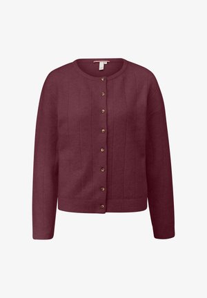 Burgundy cardigan with a round neckline, horizontal ribbed texture, full-length sleeves, and brown buttons down the front.