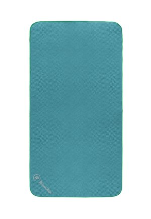 Blau texturierte Matte mit grünem Rand, rechteckige Form, mit einem Logo in der unteren Ecke. Geeignet für verschiedene Verwendungszwecke.