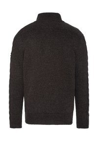 Ciemnobrązowy sweter dziany z wysokim kołnierzem, z prążkowanymi mankietami i wzorem w warkocze na rękawach. Teksturowany materiał.