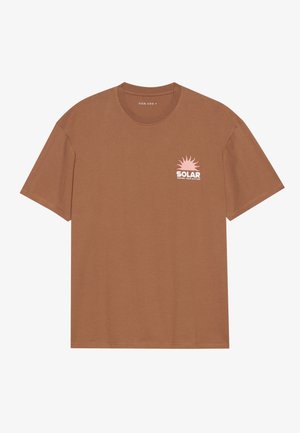 Brown short-sleeve t-shirt made of cotton, featuring a pink sun graphic and "SOLAR" text on the left chest. Crew neck design.