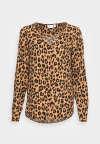 Bluză cu model leopard în nuanțe de portocaliu și negru. Are un gât în V, mâneci lungi și o croială lejeră cu o margine curbată.