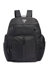 Zaino in tessuto nero con diverse tasche con zip, superficie testurizzata, schienale imbottito e spallacci regolabili. Presenta un'etichetta con il logo.