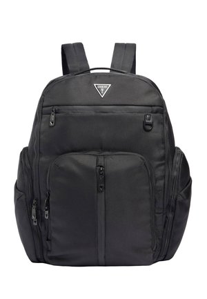Zaino in tessuto nero con diverse tasche con zip, superficie testurizzata, schienale imbottito e spallacci regolabili. Presenta un'etichetta con il logo.