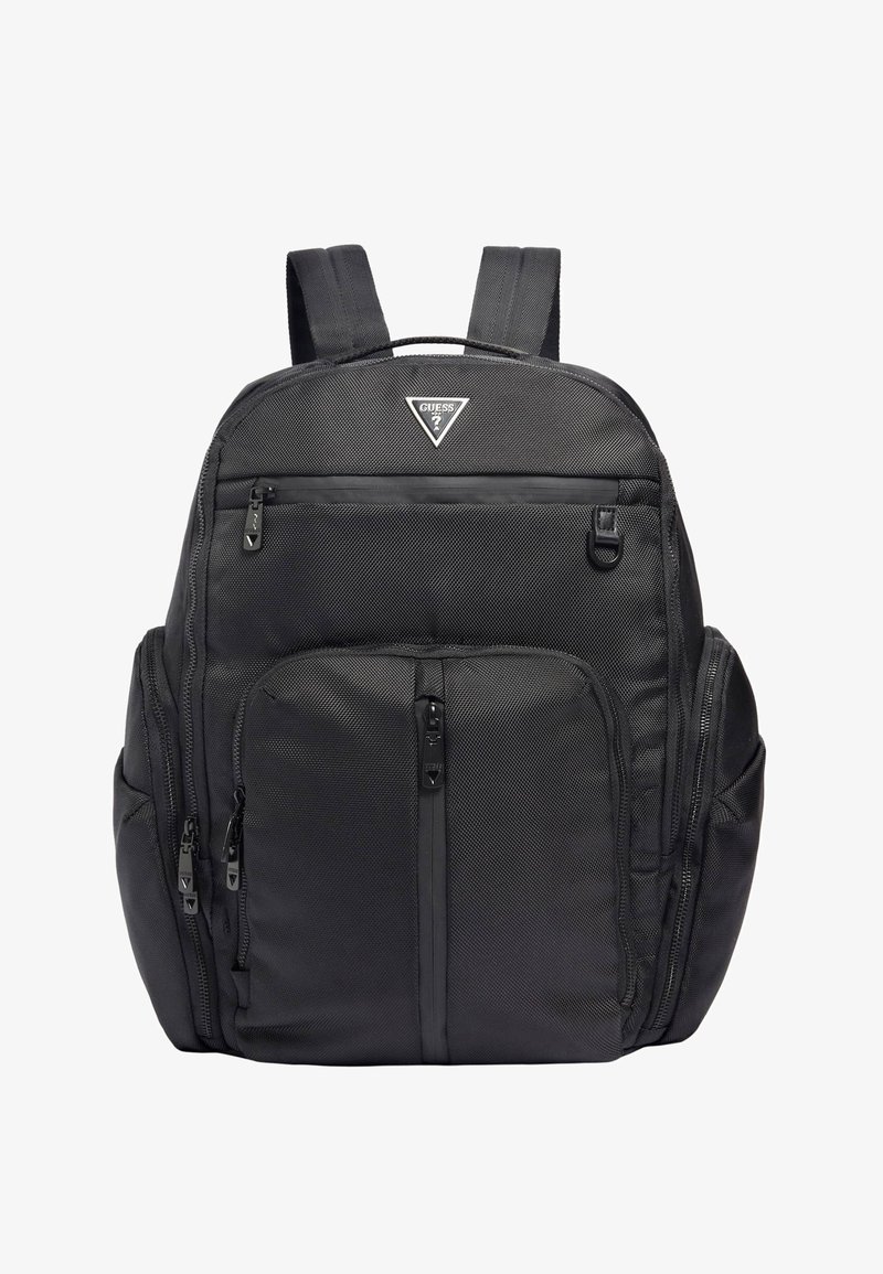 Zaino in tessuto nero con diverse tasche con zip, superficie testurizzata, schienale imbottito e spallacci regolabili. Presenta un'etichetta con il logo.