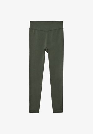 Grønne leggings lavet af strækstof med høj talje og glat tekstur, uden synlige mønstre eller hardware.