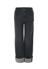 Jeans a vita alta e gamba larga in denim grigio scuro con orli arrotolati e chiusura a bottone; presentano tasche frontali e una texture liscia.