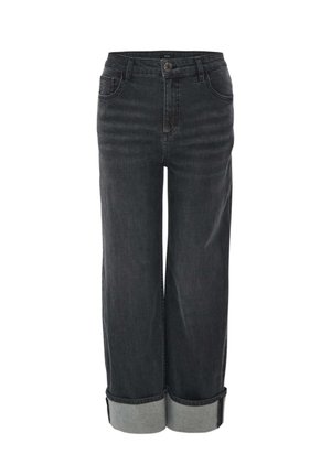 Hochgeschnittene, weite Jeans im dunkelgrauen Denim mit umgeschlagenen Säumen und einem Knopfverschluss; verfügt über Vordertaschen und eine glatte Textur.