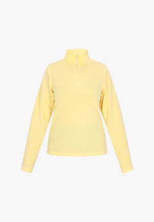 Keltainen fleece-pusero, jossa on korkea kaulus ja puolivetoketju. Ominaisuuksiin kuuluu pitkät hihat ja sileä, pehmeä pinta, joka on muotoiltu istuvaksi.