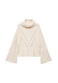 Maglione a collo alto crema con texture a coste, maniche a campana e motivi di cucitura decorativi. Design cropped con dettagli in lavorazione a maglia aperta.