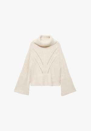 Pulover cremos cu guler înalt, textura striată, mâneci evazate și modele decorative cusute. Design scurt cu detalii din tricotaj deschis.