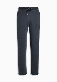 Dark gray sweatpants made of soft fabric, featuring a drawstring waist and tapered legs with elastic cuffs at the ankles.