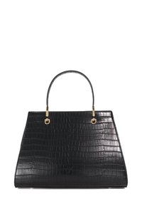 Black handbag with a crocodile texture, rectangular shape, short handle, and gold hardware accents. Smooth leather finish.