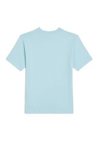 Šviesiai mėlynas trumpomis rankovėmis marškinėliai, pagaminti iš minkštos medvilnės, su apvaliomis iškirptėmis ir lygia, vienspalve tekstūra, be matomų raštų ar puošmenų.