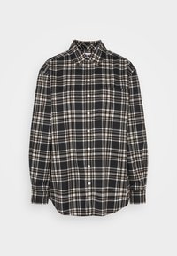 Camicia a quadri nera e beige con maniche lunghe, colletto classico e una piccola tasca sul petto. Realizzata in morbido tessuto di cotone.