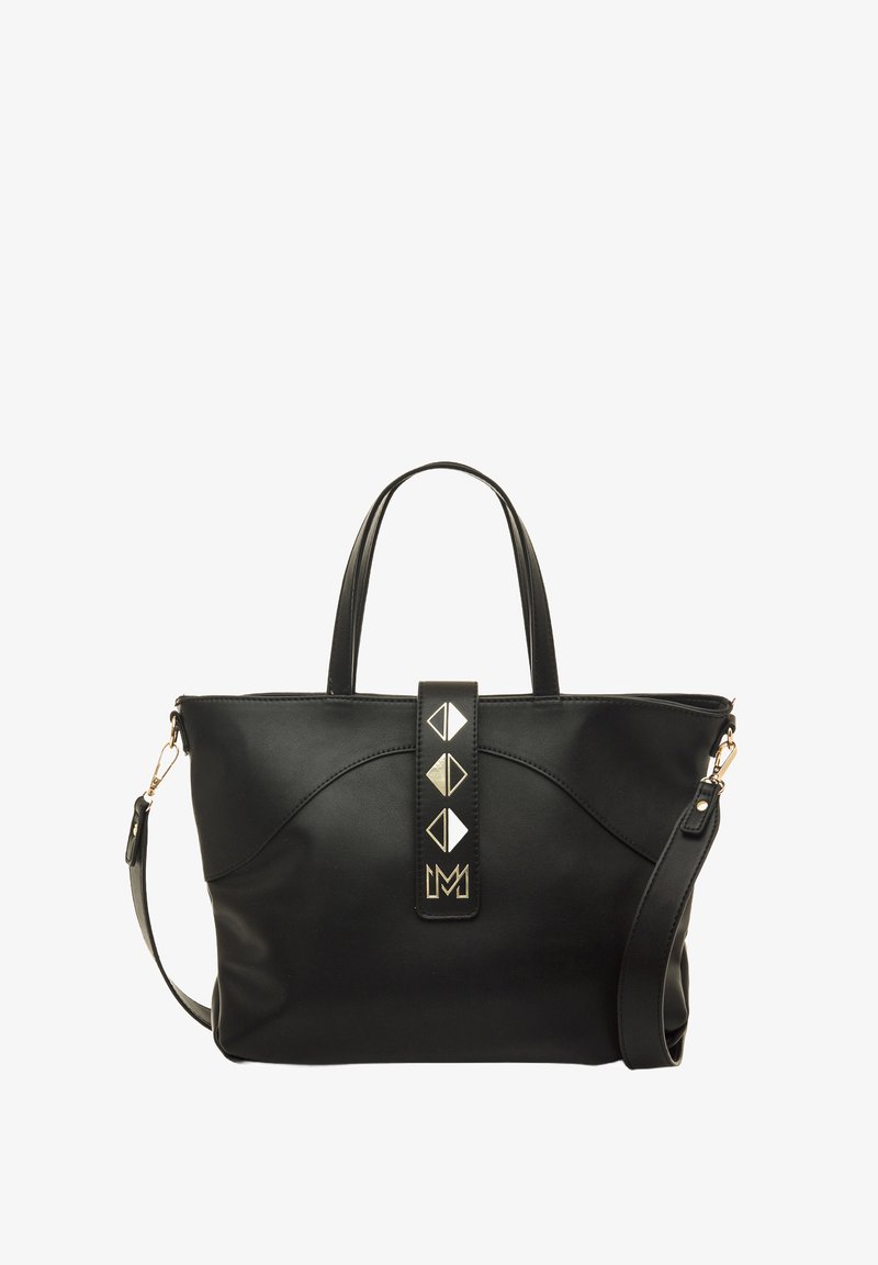 Zwarte leren tote bag met twee bovenhandvatten, een afneembare schouderriem en een voorkantsluiting met gouden geometrische accenten.