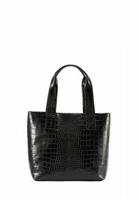 Czarna torba tote z tłoczonej skóry w kształcie krokodyla, z dwoma solidnymi uchwytami, prostokątnym kształtem i błyszczącą fakturą, zaprojektowana z myślą o stylu i funkcjonalności.