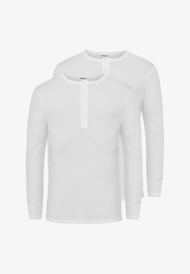 Weiße Langarmshirts mit rundem Halsausschnitt und einer dreiknöpfigen Knopfleiste. Hergestellt aus weichem Stoff, mit glatter Textur und ohne Muster.