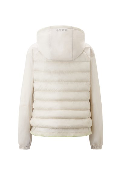 Puffet jakke i en lys beige farve, med hætte, indsyet design, elastiske manchetter og fem runde knapper på den øverste del af ryggen.