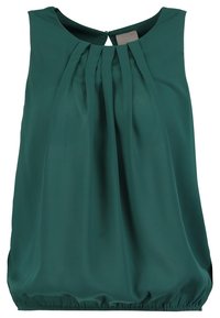 Blouse sans manches couleur sarcelle en tissu léger ; présente des plis à l'avant et un ourlet élastiqué en bas avec un détail en forme de boutonnière dans le dos.