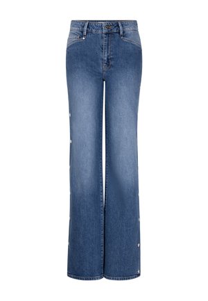 Lichtblauwe wijd uitlopende jeans van denim, met een hoge taille en drukknoopaccenten langs de buitenzomen. Soepele textuur, casual ontwerp.