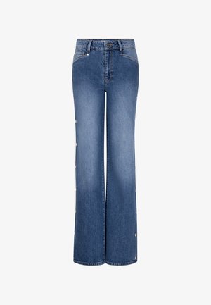 Lichtblauwe wijd uitlopende jeans van denim, met een hoge taille en drukknoopaccenten langs de buitenzomen. Soepele textuur, casual ontwerp.