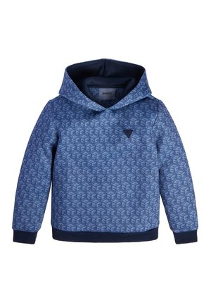 Blauer Kapuzenpullover mit einem sich wiederholenden geometrischen Muster und gerippten Bündchen und Saum, versehen mit einem kleinen dreieckigen Logo auf der Brust.