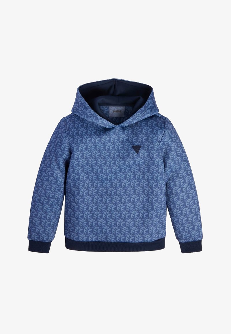 Sweat à capuche bleu avec un motif géométrique répétitif et des poignets et ourlet côtelés, comportant un petit logo triangulaire sur la poitrine.