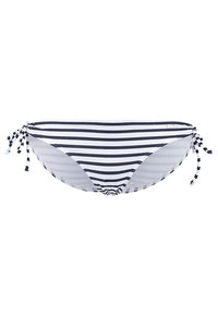 Gestreifter Bikinislip mit navyblauen und weißen horizontalen Streifen, verstellbaren Bindebändern an beiden Seiten und einem glatten, dehnbaren Stoff.