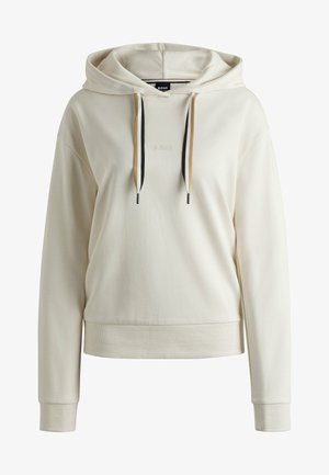 Hooded sweatshirt in cream, made of soft fabric. Features ribbed cuffs and hem, with contrasting drawstrings and embossed logo on the chest.