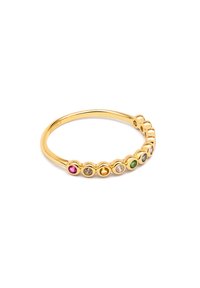 Anillo de oro con varias piedras circulares en diferentes colores, incluyendo rosa, verde, amarillo y transparente, con un diseño suave y redondeado.