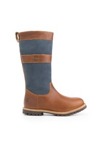 Bruna läder- och marinblå vattentålig knähög stövel med platt sula, sidodekor och dragflik. Strukturerad läder- och slät ovandel.