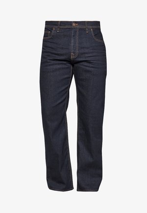 Jean en denim bleu foncé avec une coupe droite, des coutures contrastées, cinq poches et une fermeture à bouton à la taille.
