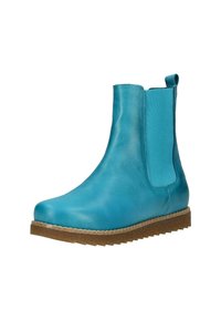 Bottes de chelsea en cuir turquoise avec des panneaux élastiques sur les côtés, bout arrondi et semelle en caoutchouc texturée. Présente un tirant à l'arrière.