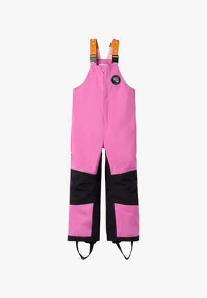 Wasserdichte Schneehose in Pink und Schwarz mit orangefarbenen, verstellbaren Schulterriemen und Knöchelriemen für winterliche Outdoor-Aktivitäten.