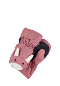 Rosa Kinderhandschuhe mit einem Hasengesicht-Design, versehen mit weißen Ohren und schwarzen Akzenten. Hergestellt aus weichem, wetterfestem Material.