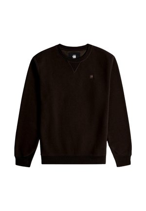 Hanorac negru cu guler rotund, manșete și tiv striate. Are un logo mic pe piept și un material moale, texturat.