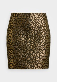 Kort svart kjol med ett metallic guld leopardmönster. Tillverkad av ett texturerat material, med en åtsittande silhuett och en slät yta.