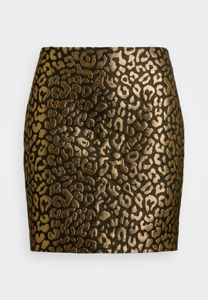 Kratka crna suknja s metalik zlatnim uzorkom tigra. Izrađena od strukturiranog materijala, s uskim krojem i glatkom završnom obradom.