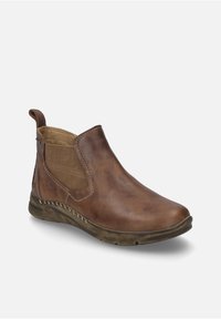 Braune Leder-Ankle-Boots mit elastischen Seitenpaneelen, strukturiertem Obermaterial, dekorativen Nähten und einer niedrigen, flexiblen Gummisohle.