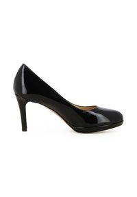 Décolleté in vernice nera con punta arrotondata, silhouette elegante e tacco a stiletto alto per un aspetto raffinato.
